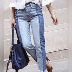 American Eagle Two Tone Vintage High Rise Denim Jeans Frayed Hem Sz 10